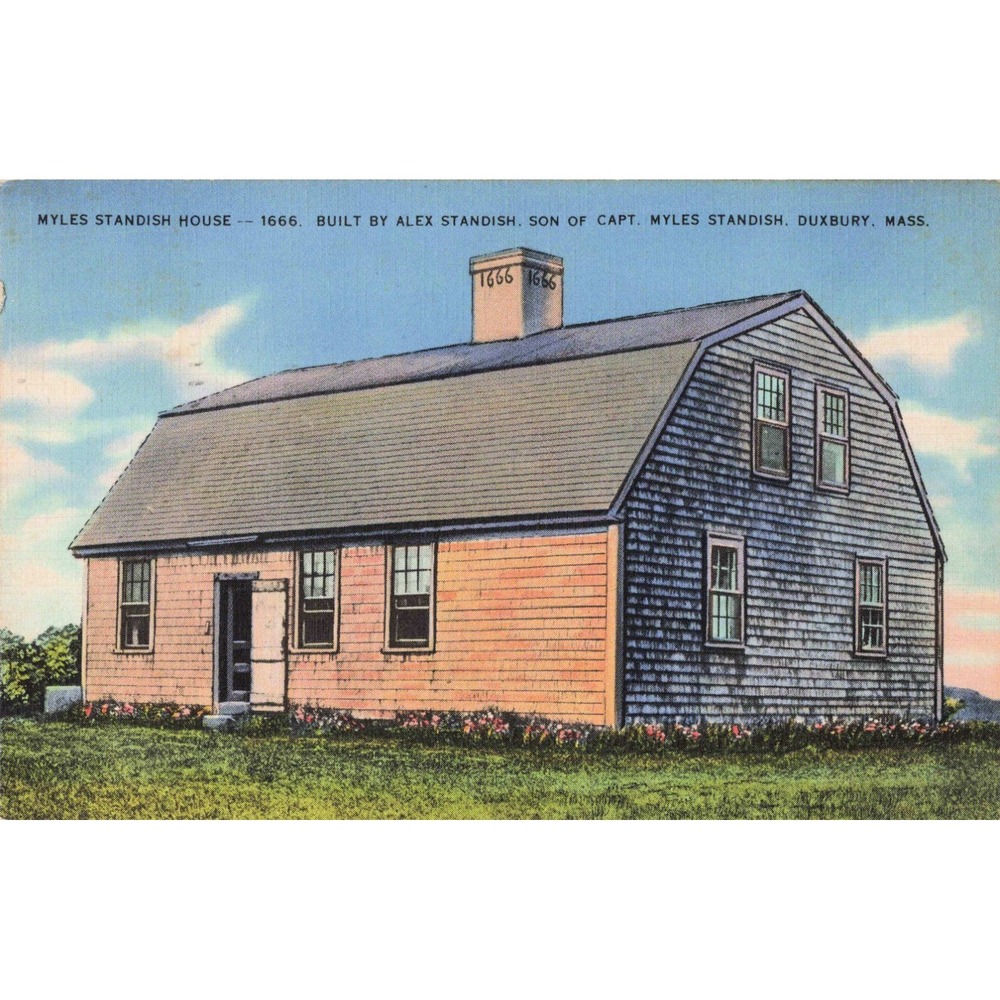 Vintage 1937 Myles Standish House Duxbury MA Linen Postcard Franklin Stamp